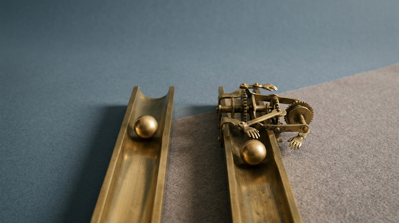 Two parallel brass tracks: one smooth with a sphere rolling, the other an elaborate mechanism.