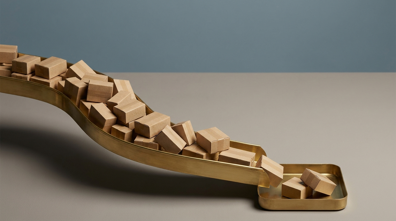 A long stream of many small parcels passing through a single narrow channel of constant width.