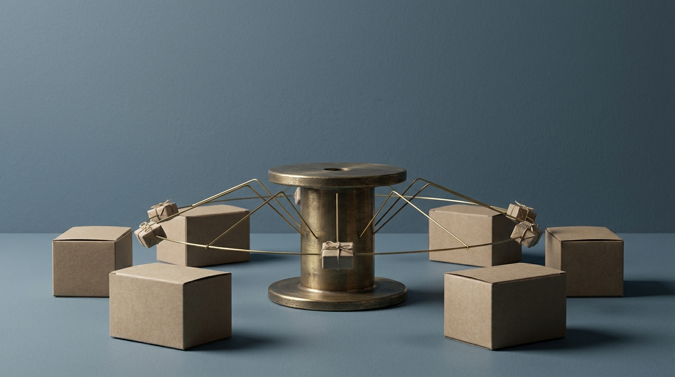 A central brass hub connected by thin lines to several smaller stations, distributing parcels out to them.