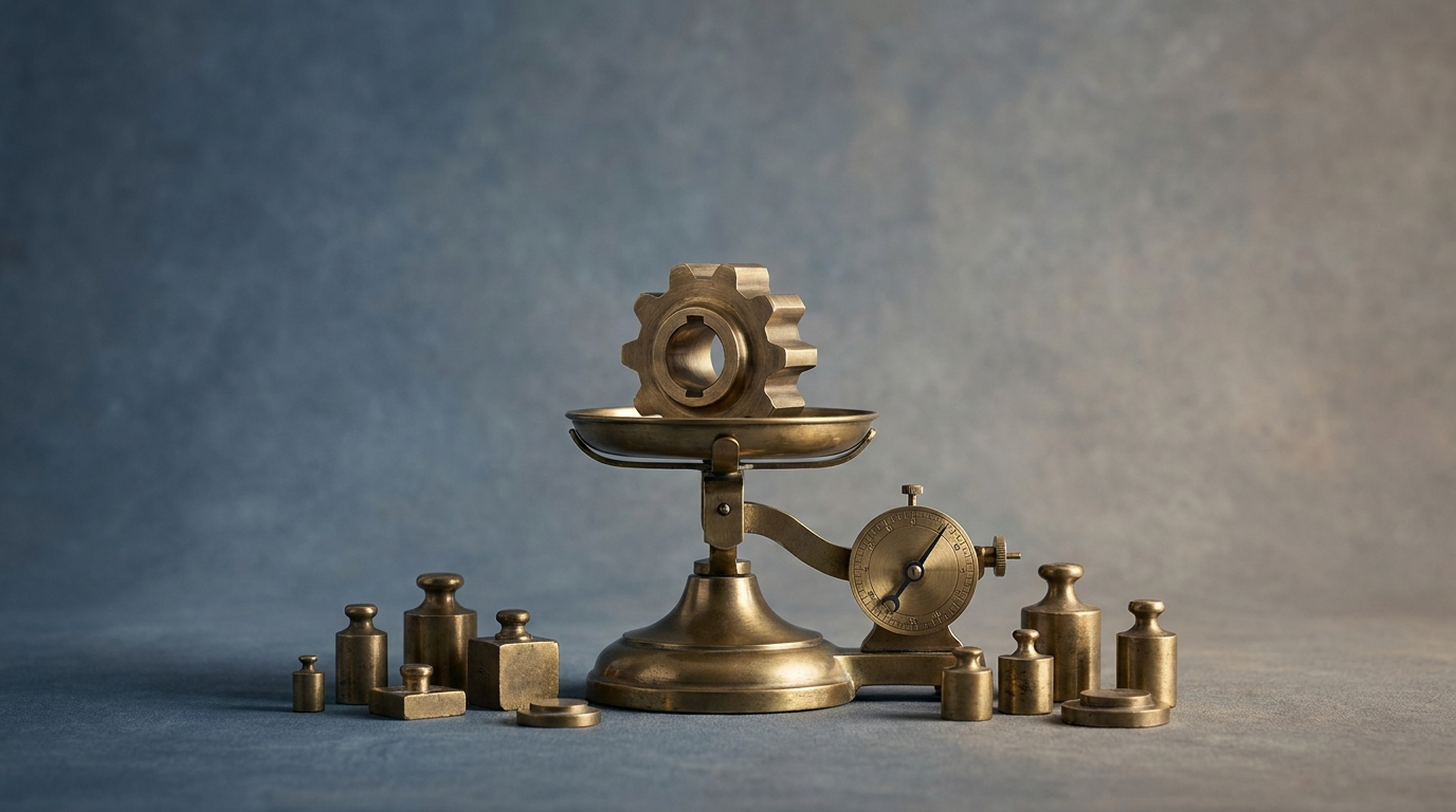 A brass object on a precision balance surrounded by adjustment weights of different sizes.