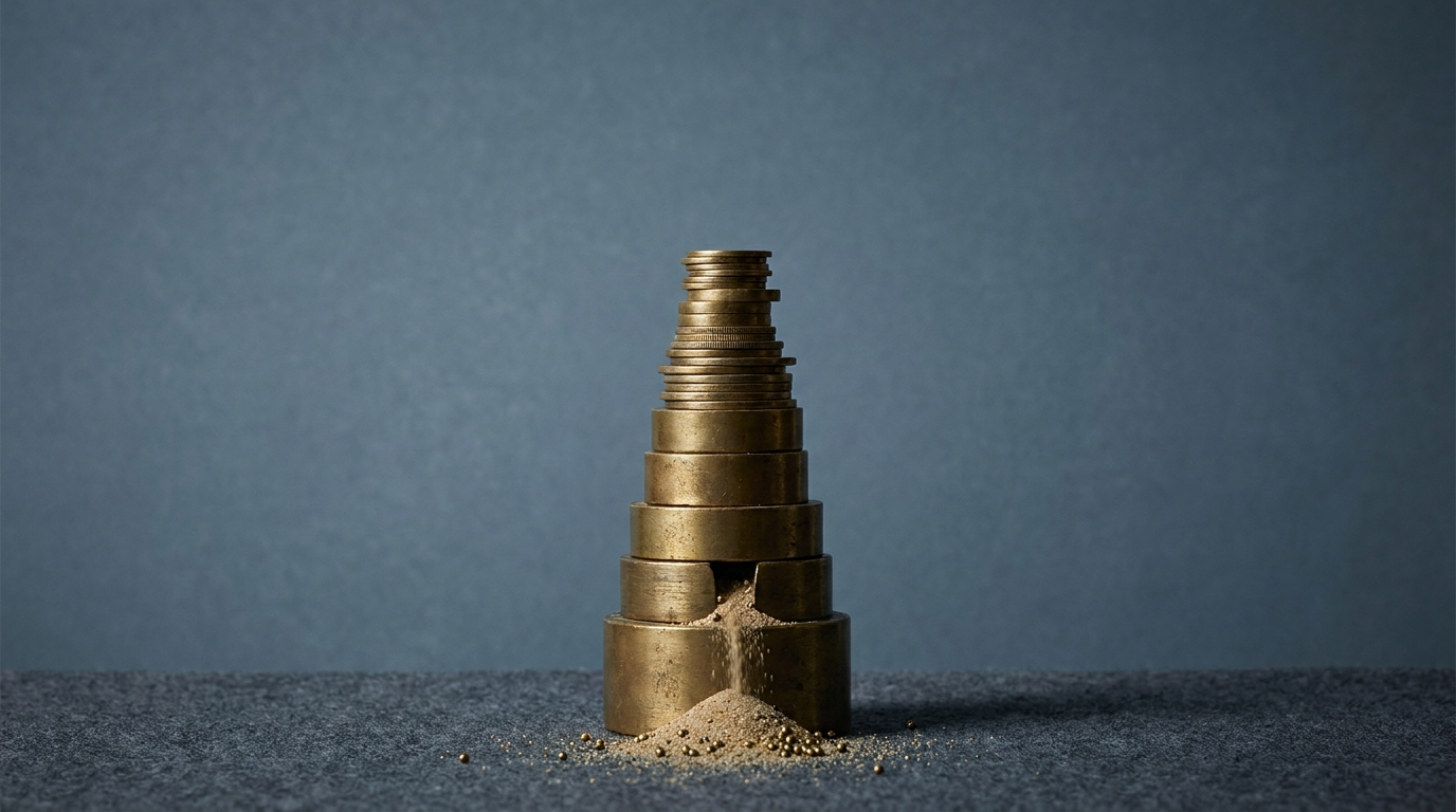 An ascending stack of brass coins with a thin trickle of sand leaking from its base.